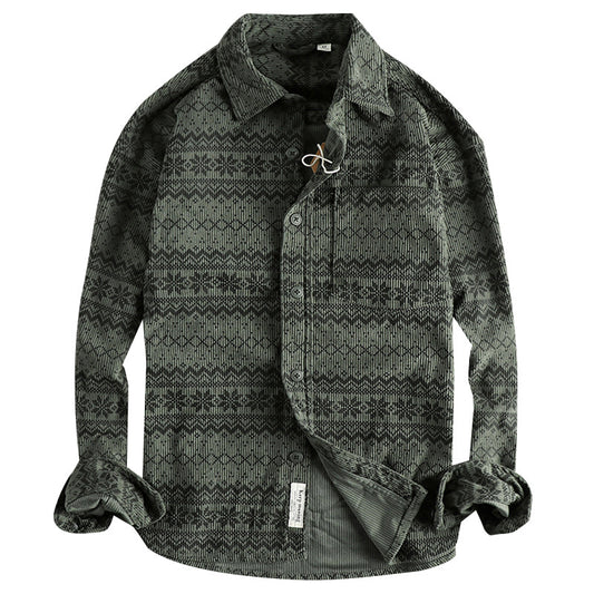 Men's Vintage Totem Printed Washed Corduroy Long-sleeved Shirt