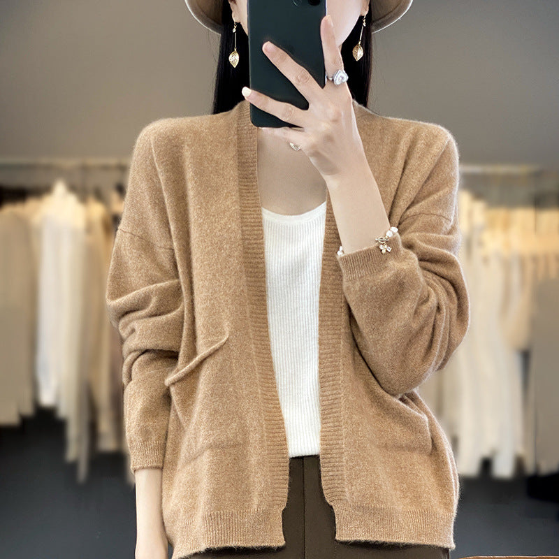 Spring And Autumn New Cardigan Solid Color And V-neck Thin Loose Slimming And All-matching Coat With Pocket