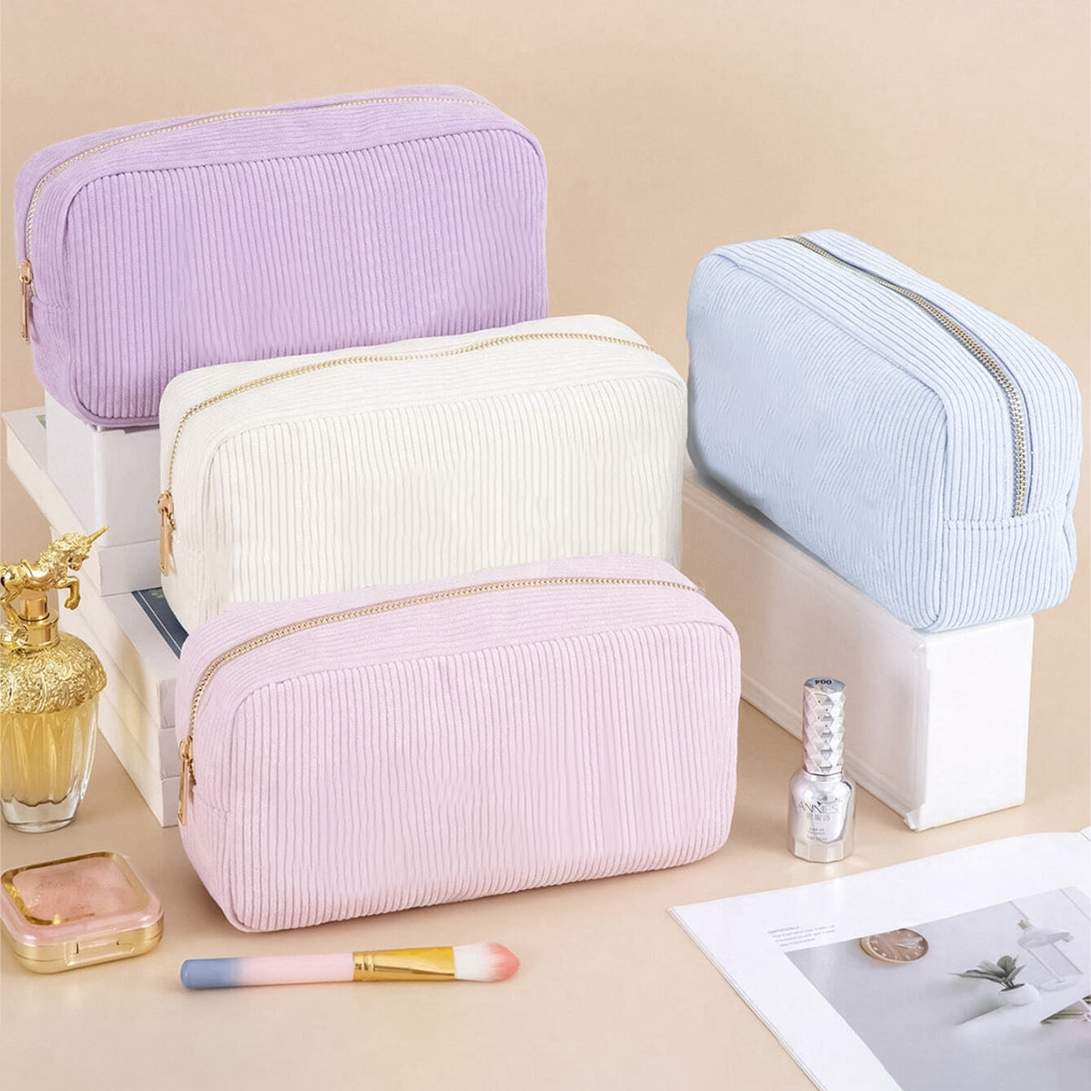 Large Capacity Portable Vertical Stripe Corduroy Cosmetic Bag