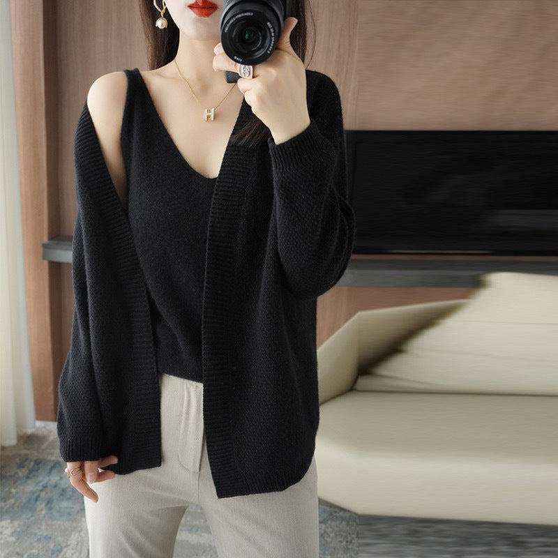Knitted Cardigan Two-piece Sling Temperament V-neck Sweater