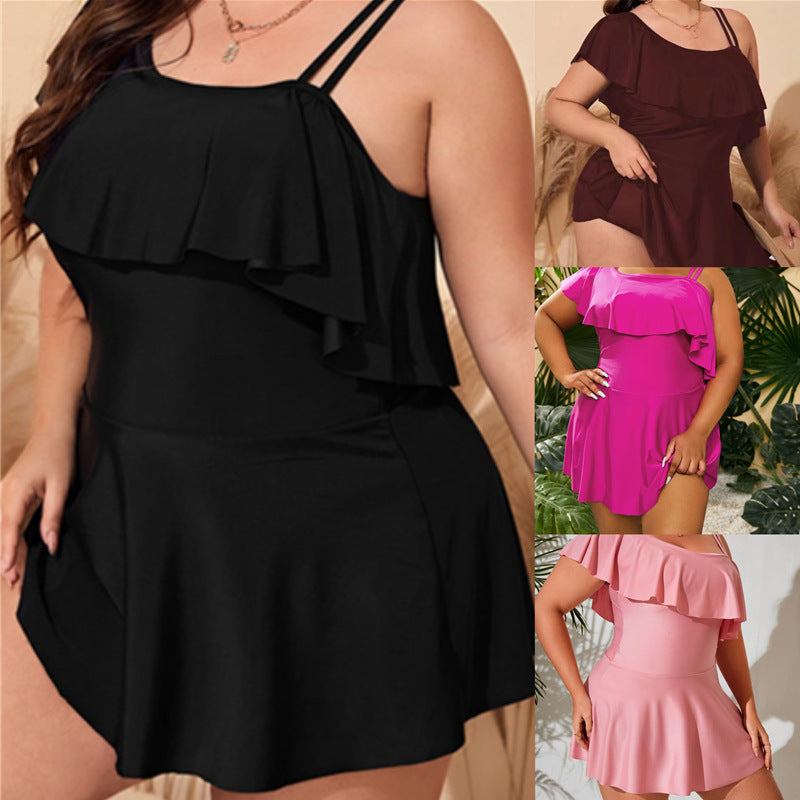 Skirt Plus Size Split Swimsuit Solid Color One Shoulder Ruffled Bikini
