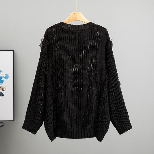 Løs V-hals Top med Kvast, Langærmet Pullover i Afslappet Stil til Kvinder