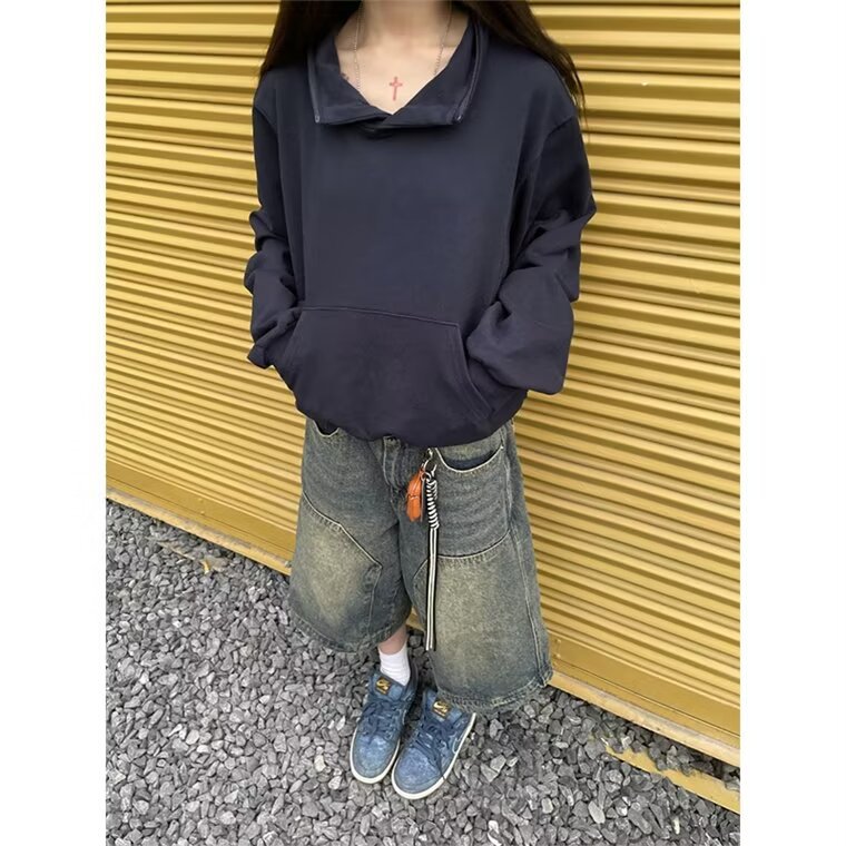 Men's And Women's Retro Washed Denim Straight Wide Leg Shorts