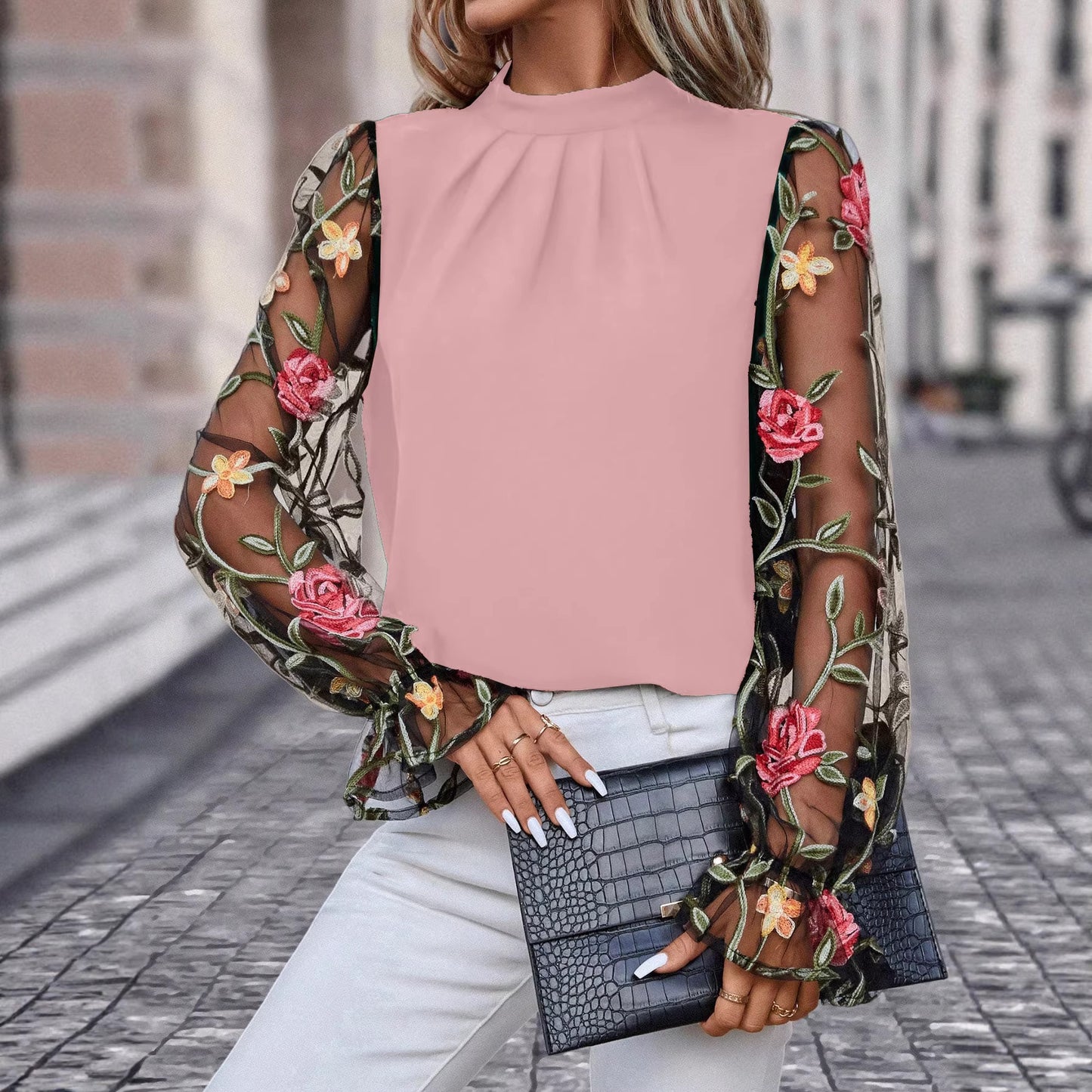 Womens Half-Neck Blouse With Patchwork 3D Embroidered Mesh Fabric
