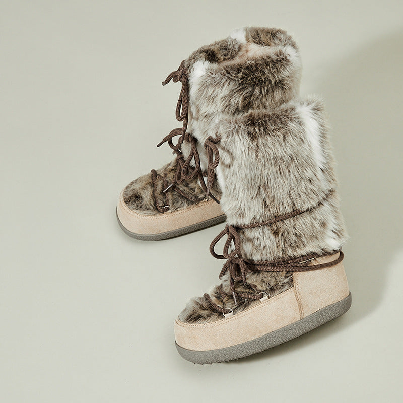 Womens Casual Thin-Strapped Insulated Flat-Heeled Mid-Calf Snow Boots