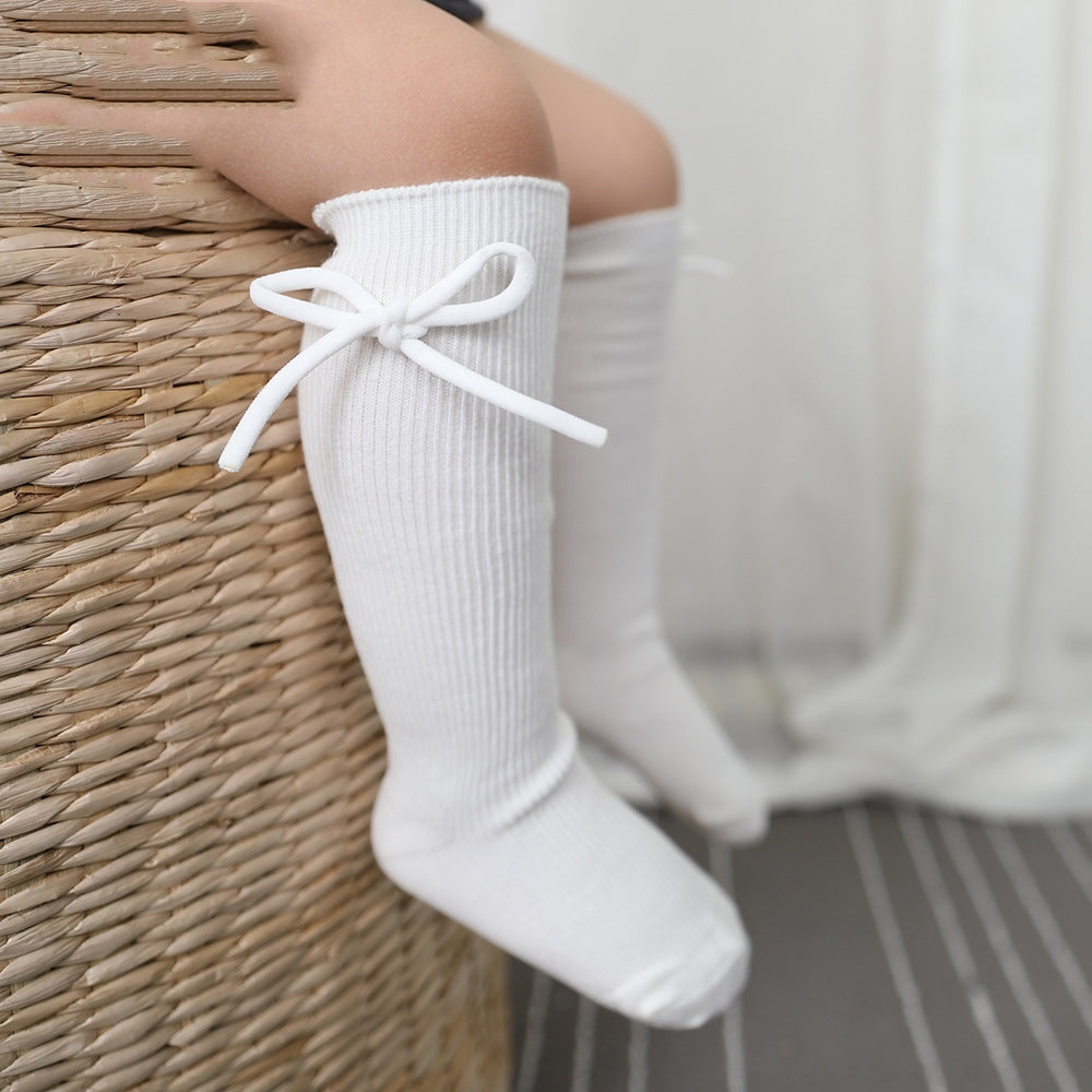 Girls' Bow Tube Socks Children's Monochrome Flat Mouth