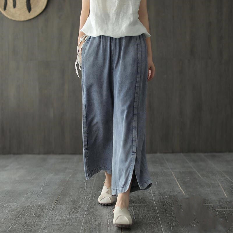 Women's Retro Plus Size Denim Pleated Wide Leg Pants