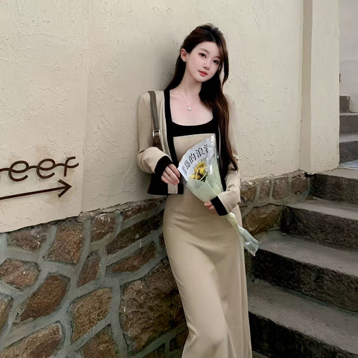 Autumn French-style Chic Color-Block Slip Dress Set
