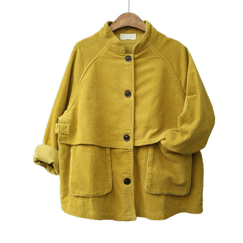 Short Stand Collar Long Sleeve Corduroy Jacket
