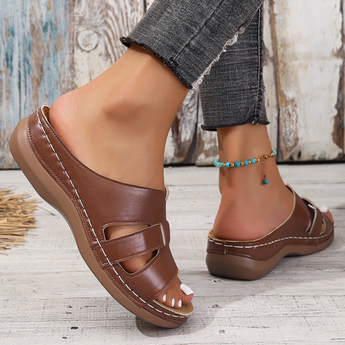 Womens Comfortable Lightweight Wedge-Heel Platform Slippers