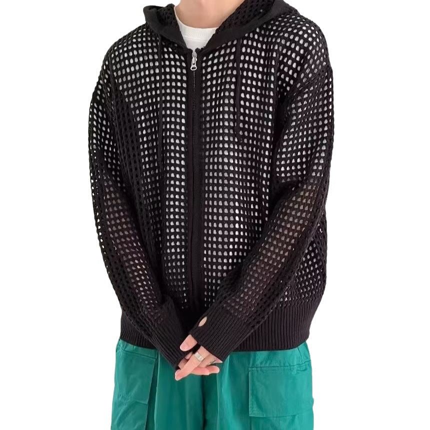 Hollow-out Hooded Knitted Sweater Men's Coat