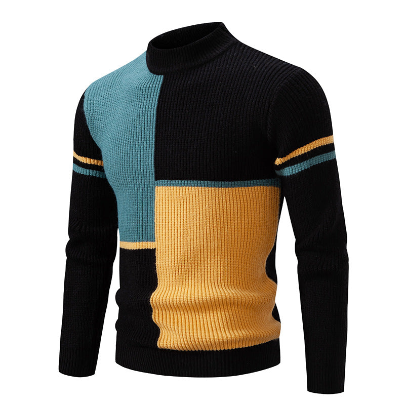 Men's Half-high Collar Contrast Color Pullover Knitwear Korean Youth Fashion Casual Top