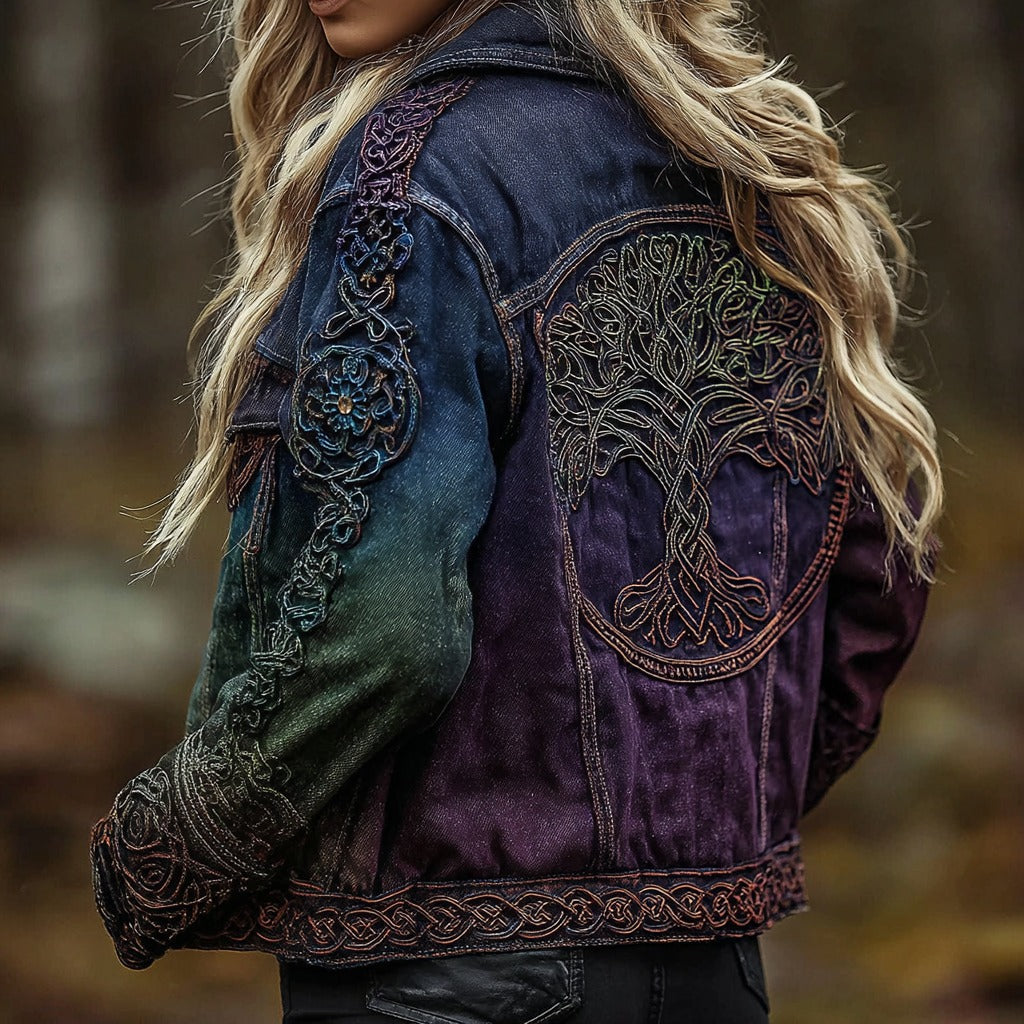 Women's Vintage Patchwork Print Turned Hem Denim Jacket
