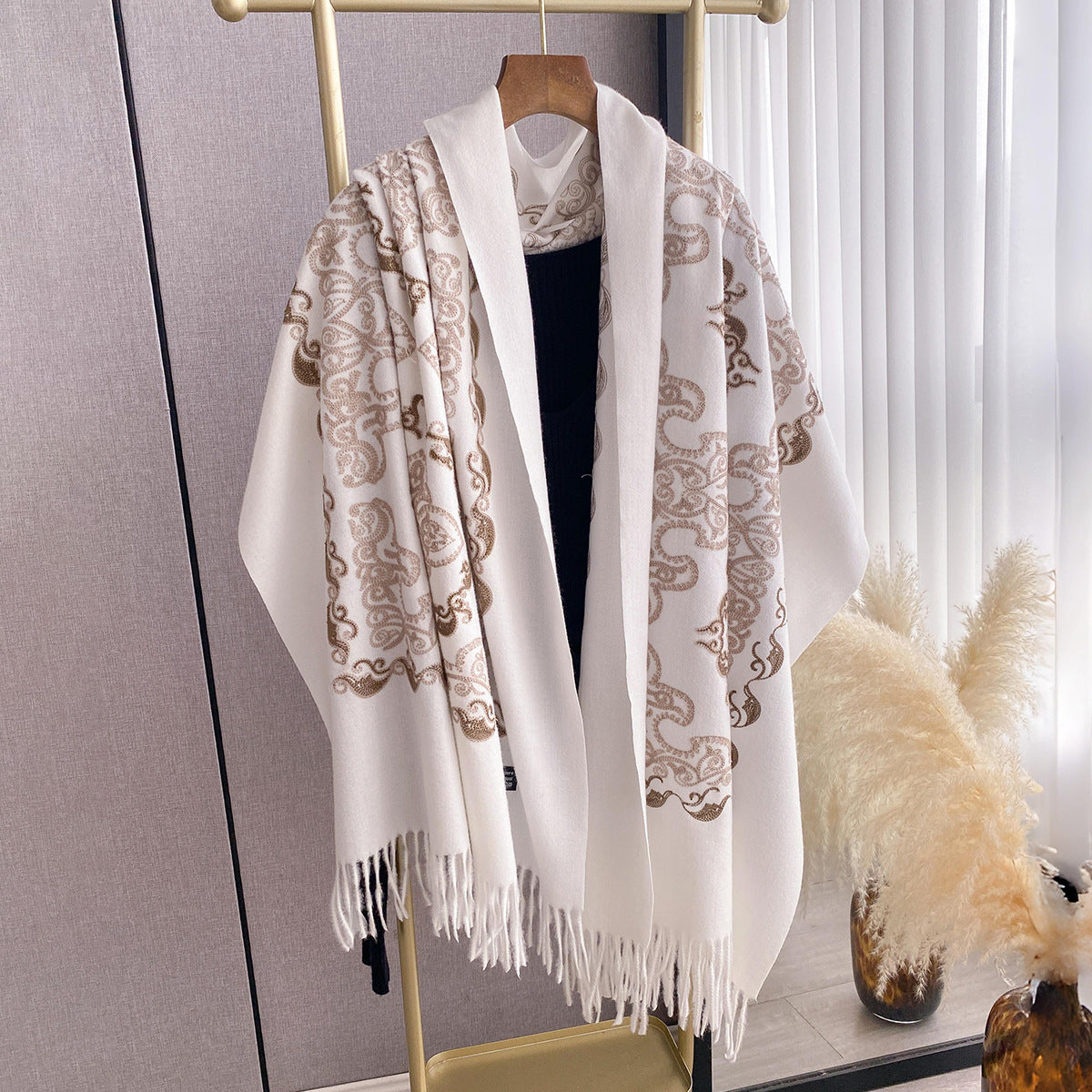 Womens High-End Warm Dual-Use Embroidered Tassel Shawl