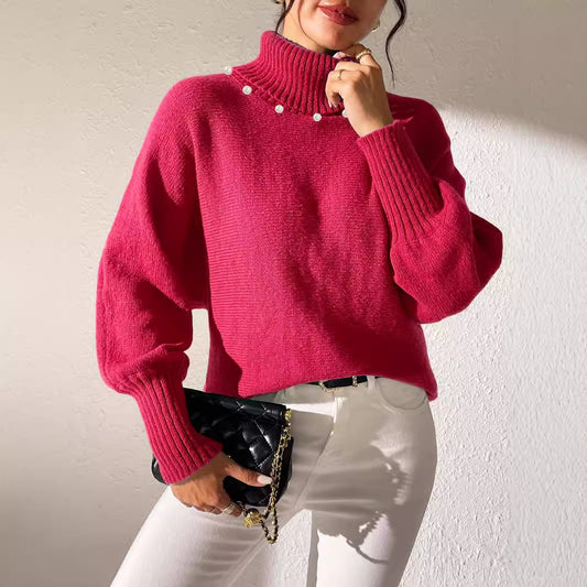 Women's Solid Color Simple Top Pearl Beaded Turtleneck Sweater Women's Base Shirt