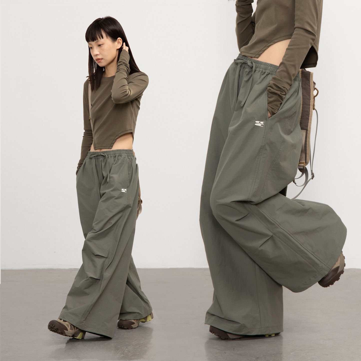 Grey-green American Trench Coat Wide-leg Sweatpants