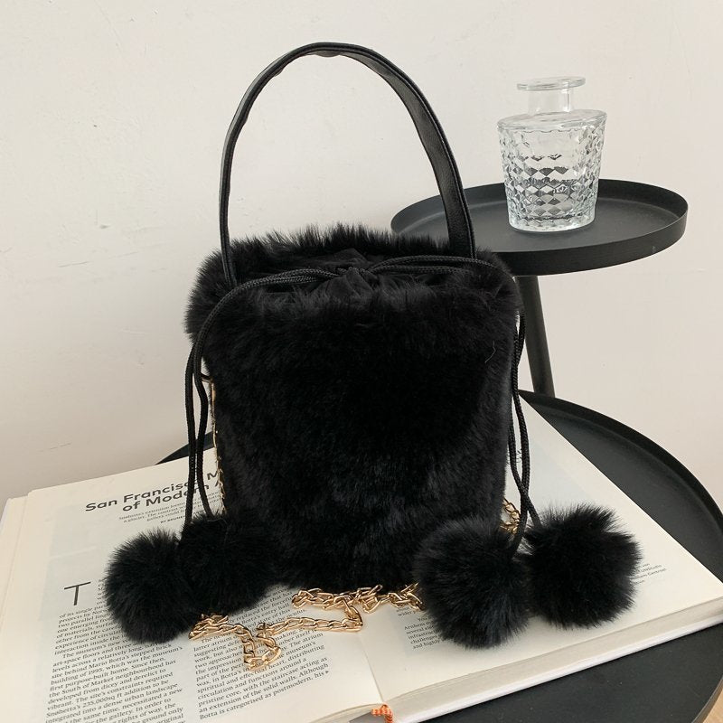 Women's Fashion Drawstring Anti-theft Fur Ball Shoulder Crossbody Bag