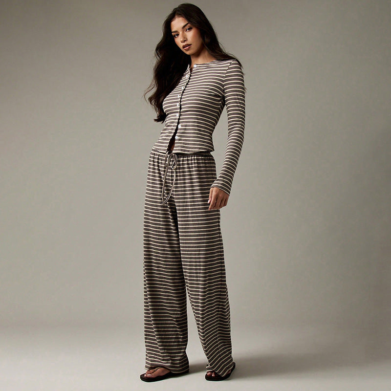 Striped Single-breasted Long Sleeve Drawstring Trousers Two-piece Suit