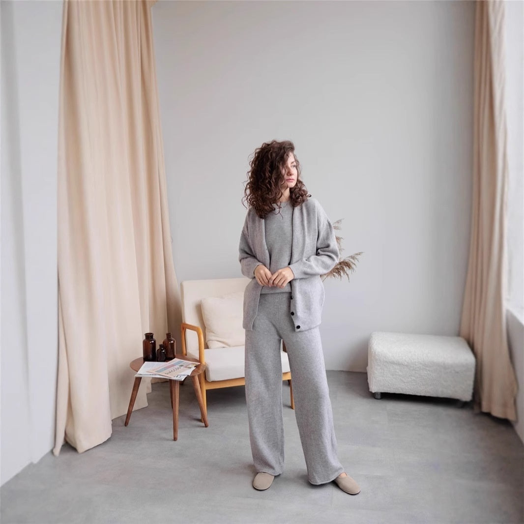 Women's Sweater Suit Round Neck Sweater Cardigan Knitted Vest Same Color Trousers