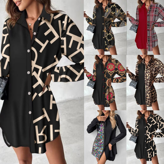 Long Sleeve Printed Patchwork Button Dress Shirt For Women