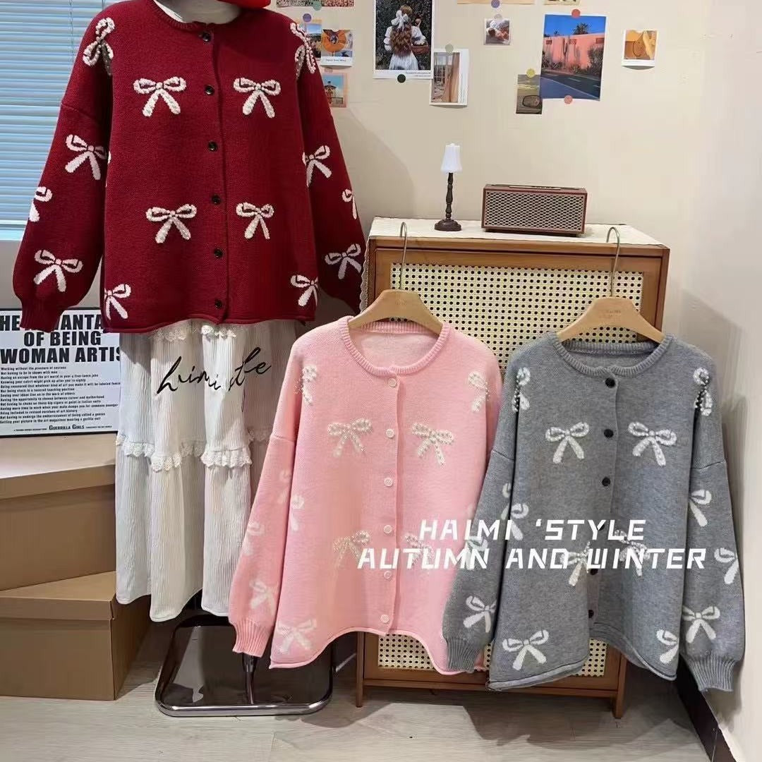 Sløjfestrikket Sweaterjakke til Kvinder Løst Design Cardigan Top Afslappet Stil