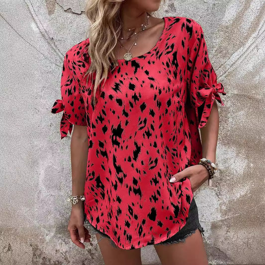 Round Neck Lace Up Leopard Print Women's Blouse Temperament Leisure Top