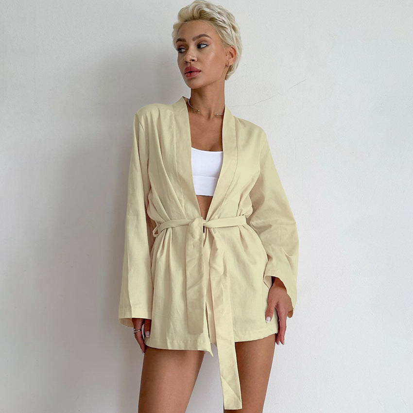 Pajama Set Long-Sleeve Lace-Up Robe And Slit-Edge Shorts