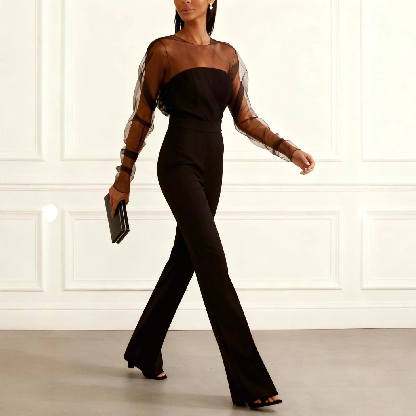 New Womens Sexy Tube Top Mesh Spliced Fashion High Waist Jumpsuit With Long Pants