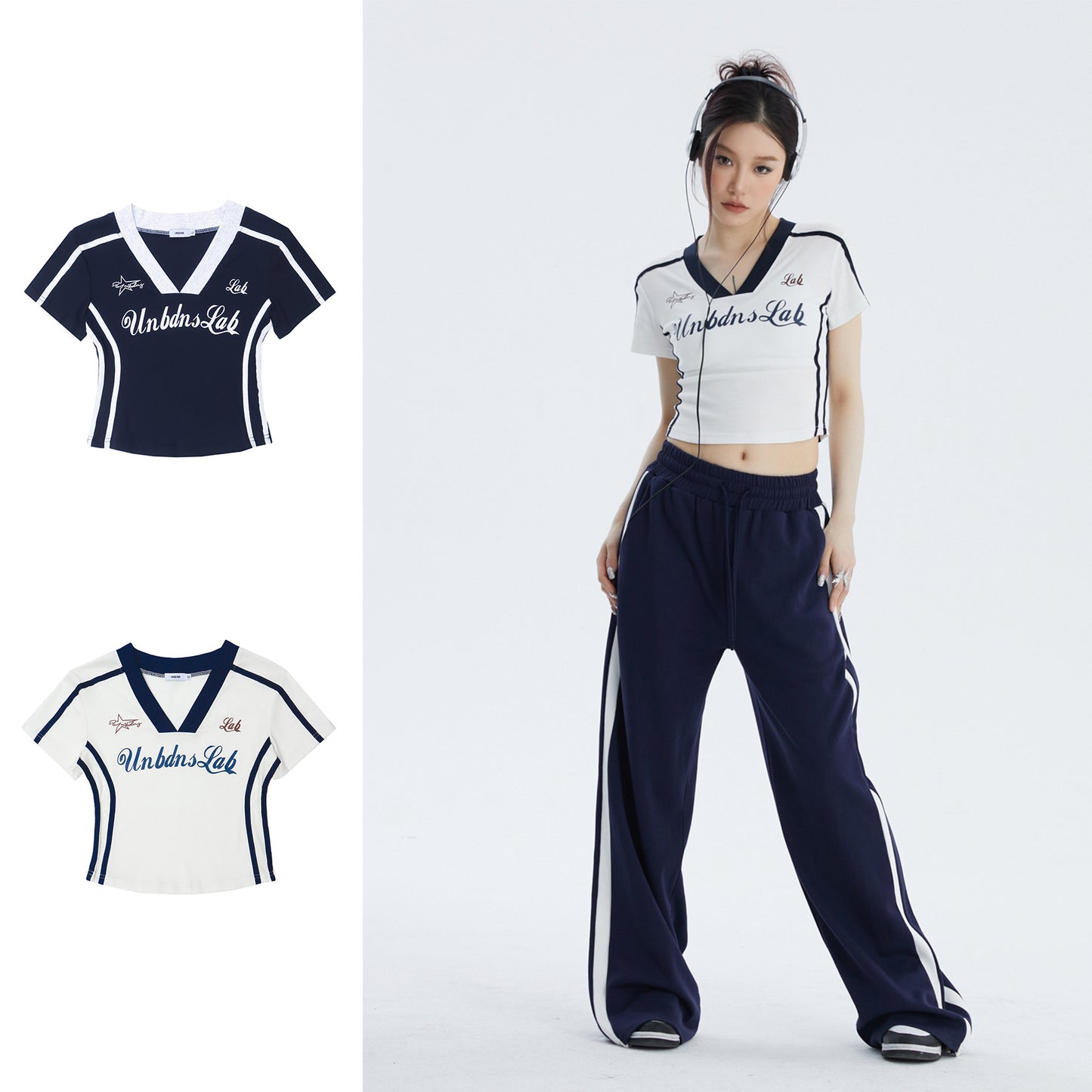 Color Blocking Short Niche Design V-neck Short Sleeves