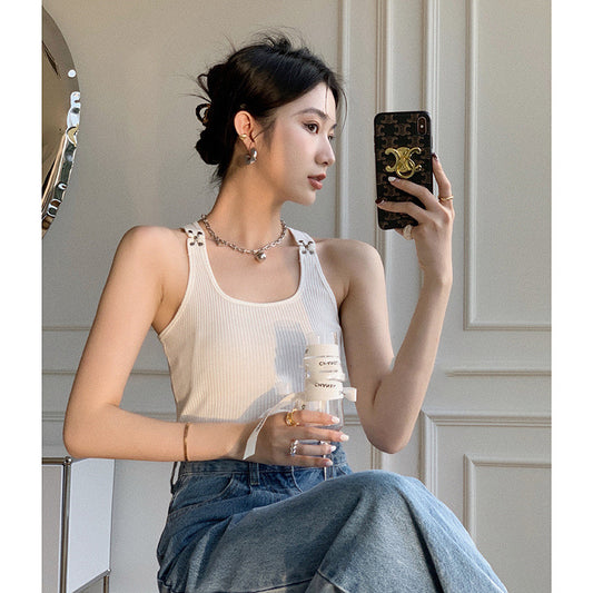 Spring Metal Buckle Embellished Shoulder Tank Top