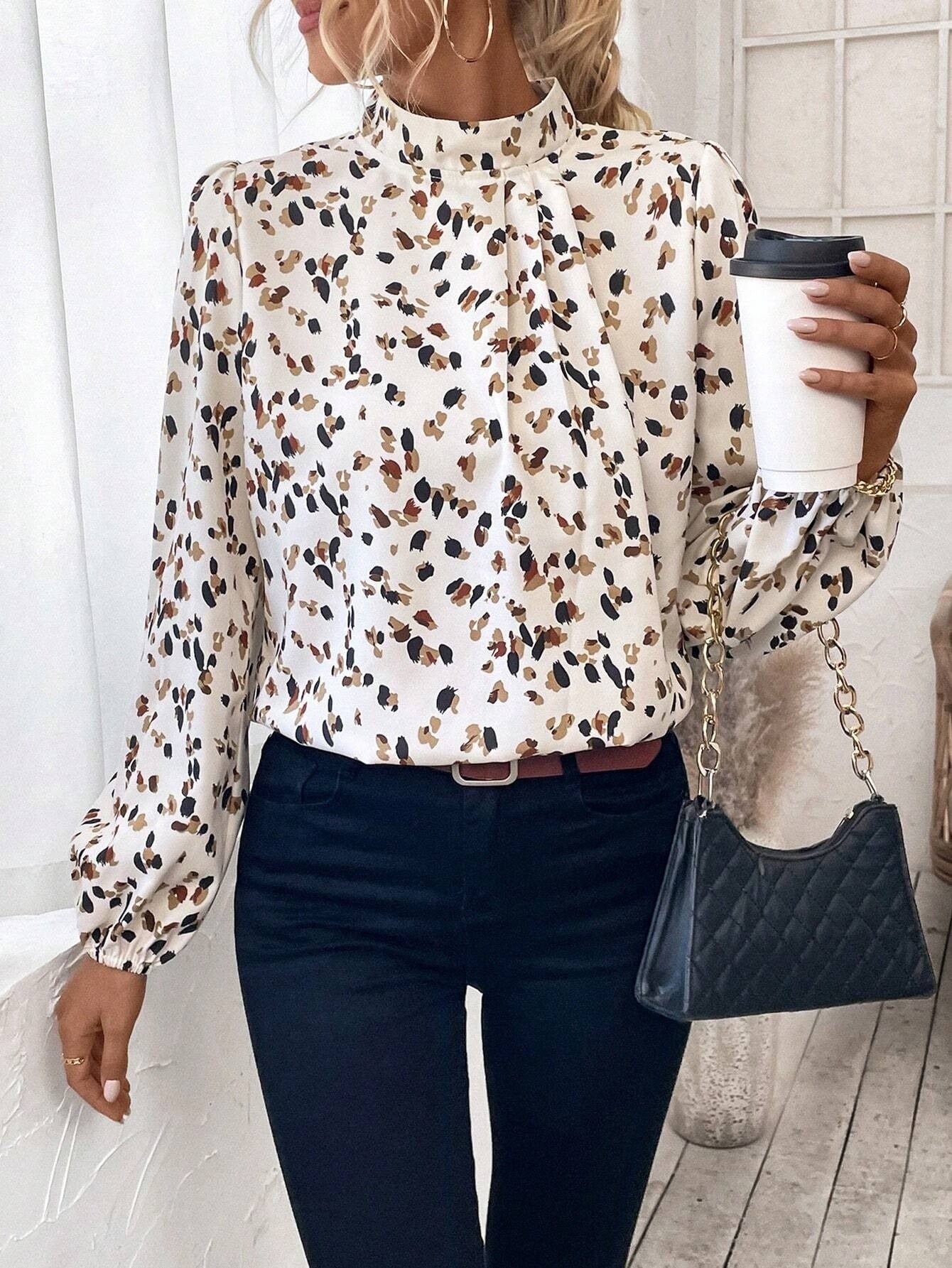 Printed Stand Collar All-matching Long Sleeve Top Women