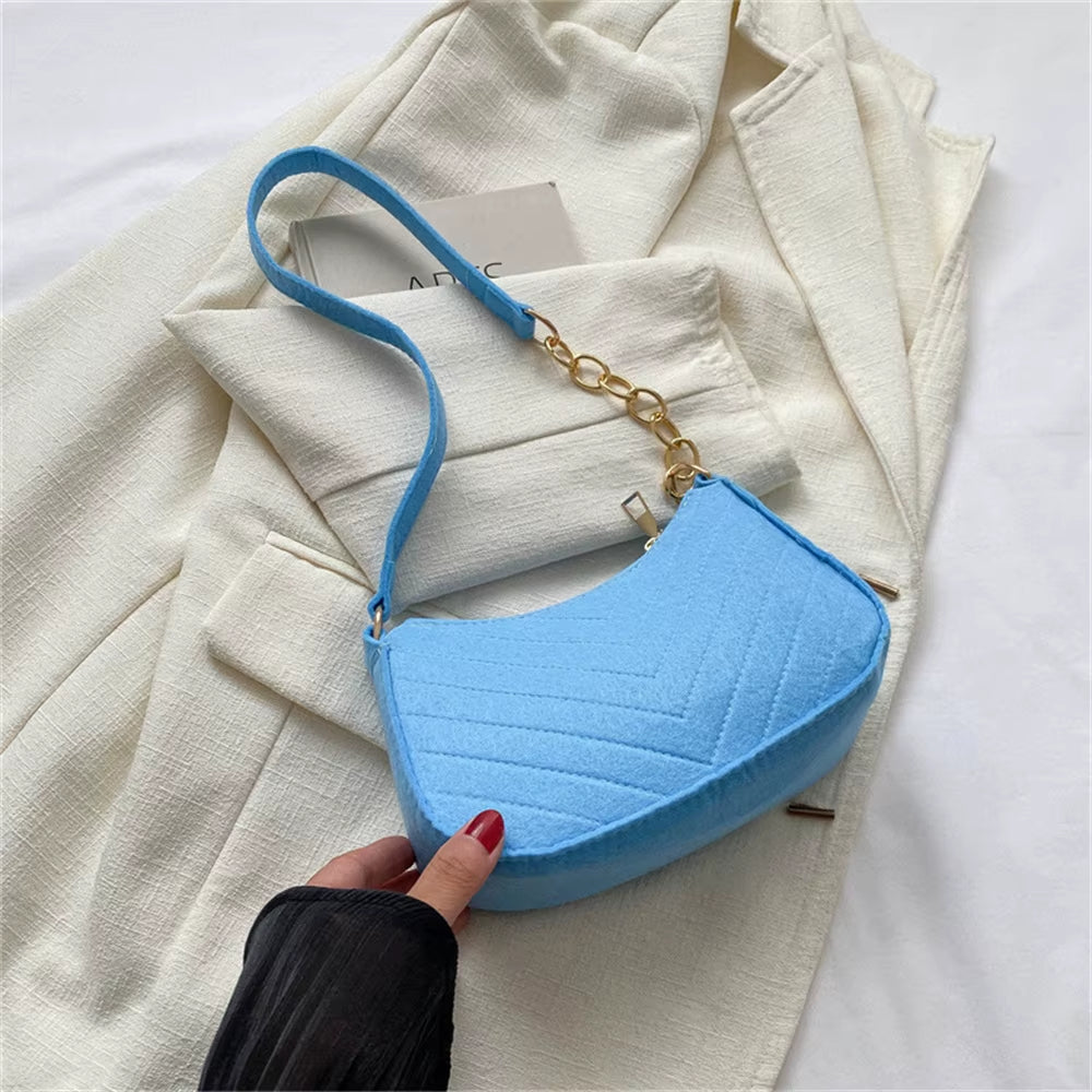 Women’s Retro Felt Underarm Bag - Solid Color Shoulder Bag, Casual Dumpling Crossbody Purse