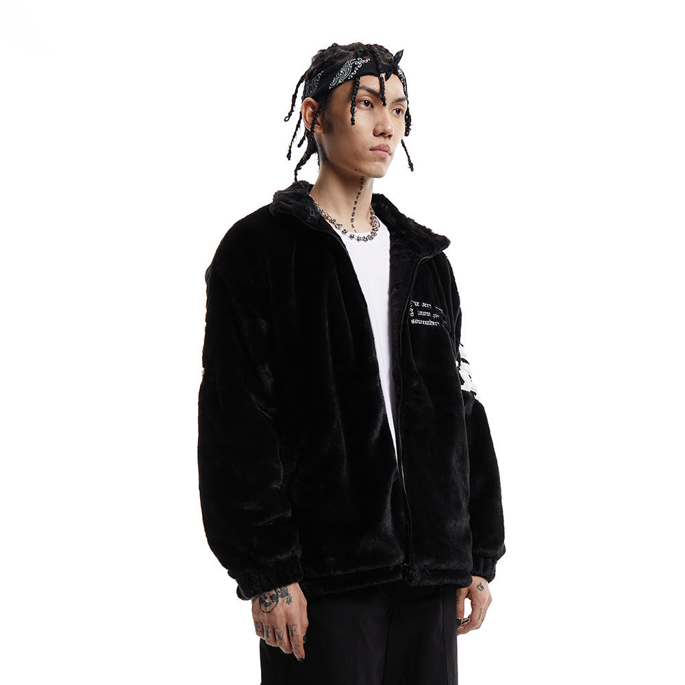 Cotton Thickened Black Loose Solid Color Zip Casual Jacket