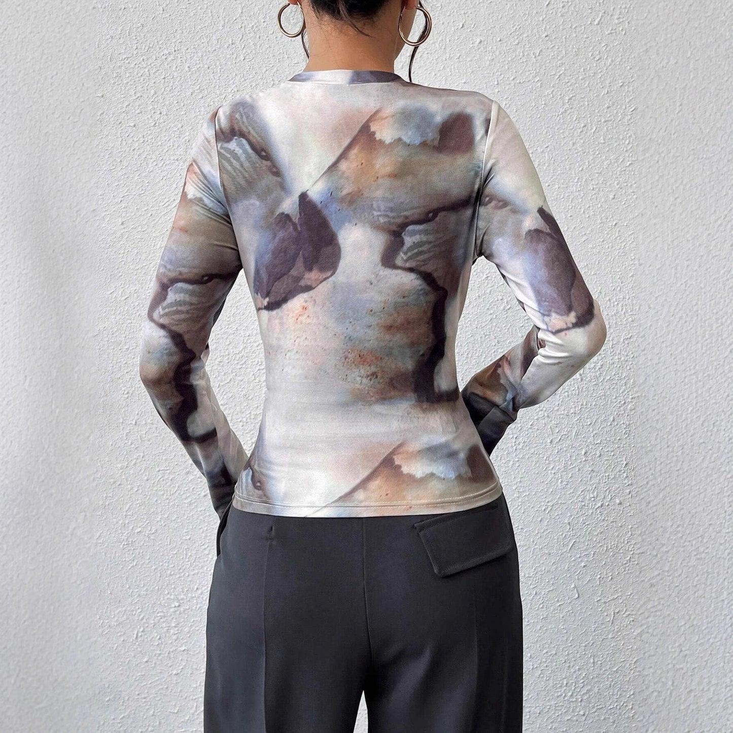Ink-wash Retro Print Women's Slim-fit Versatile Stylish Top