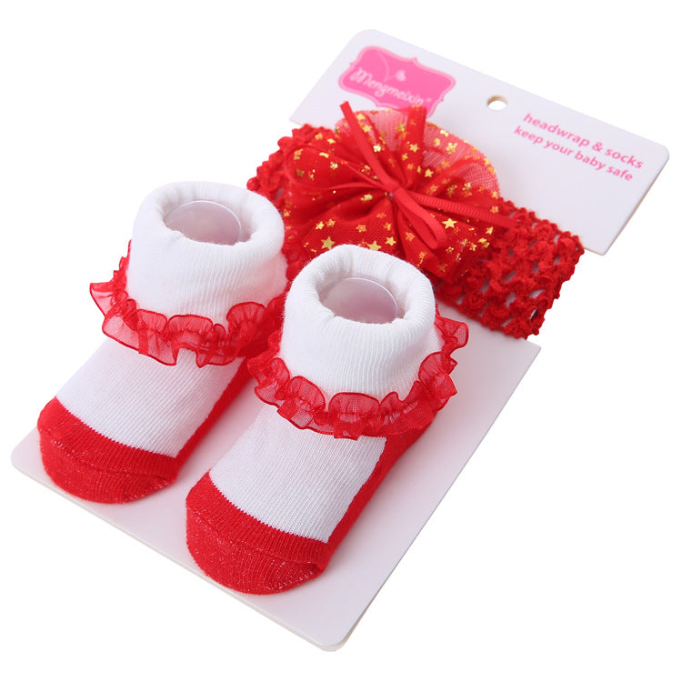 Solid Color Bow Lace Baby Socks Headband Set