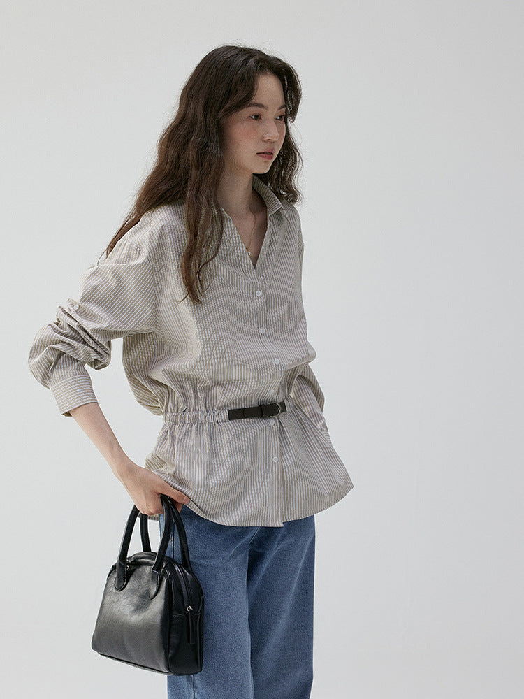 V-neck Waist-cinching Striped Loose Shirt For Women