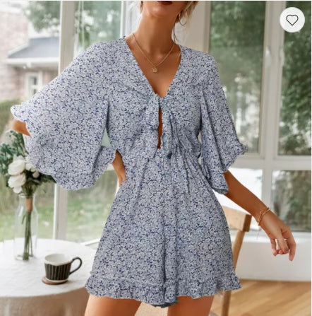 Ladies V-neck High-waisted Floral Wide-leg Pants