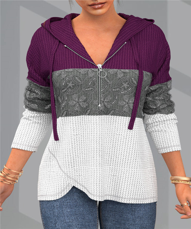Women's Elegant Color Matching Zipper Sweater With Hat