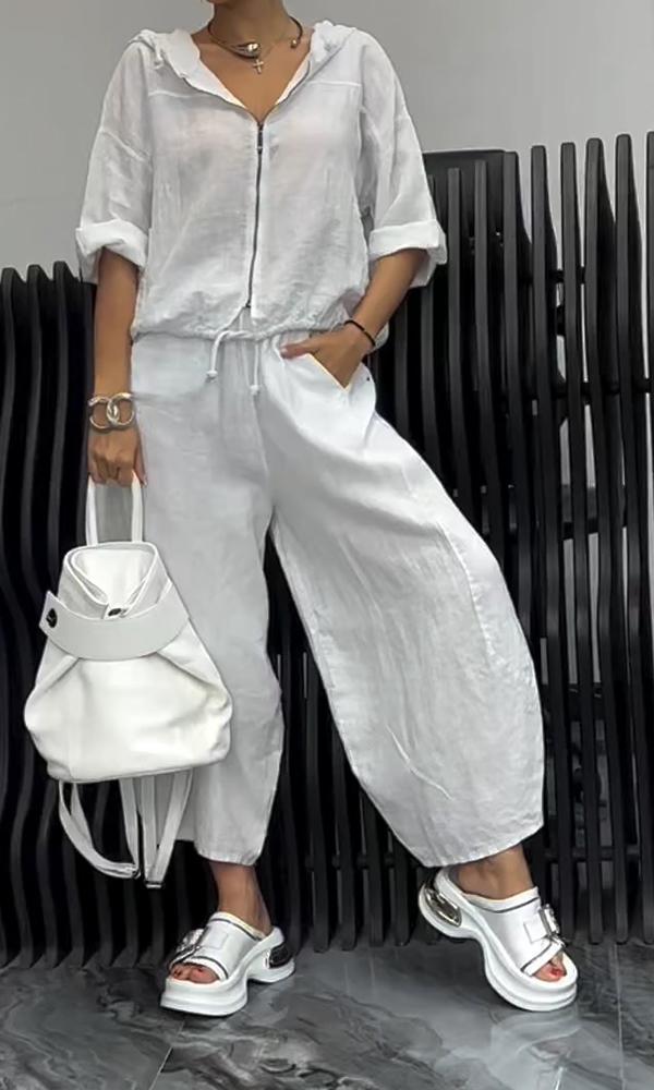 Cotton And Linen Womens Casual Fashion Long-Sleeve Top And Pants Two-Piece Set
