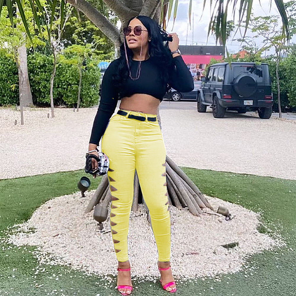 Fashion Casual Solid Color Ripped Jeans