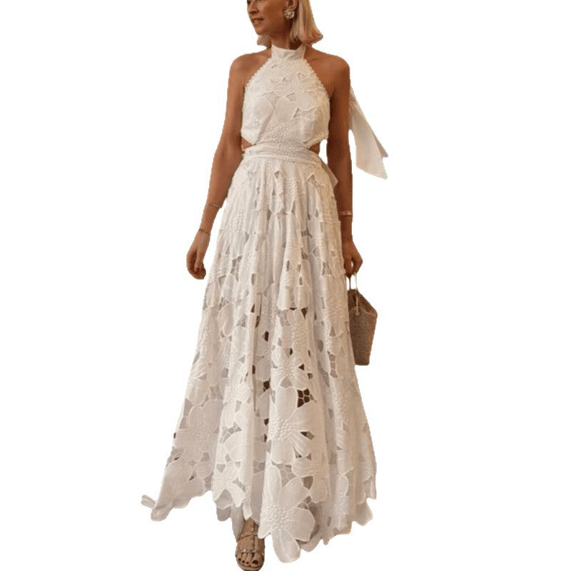 Lace Hollow-Out Crochet Halter Neck Backless Dress