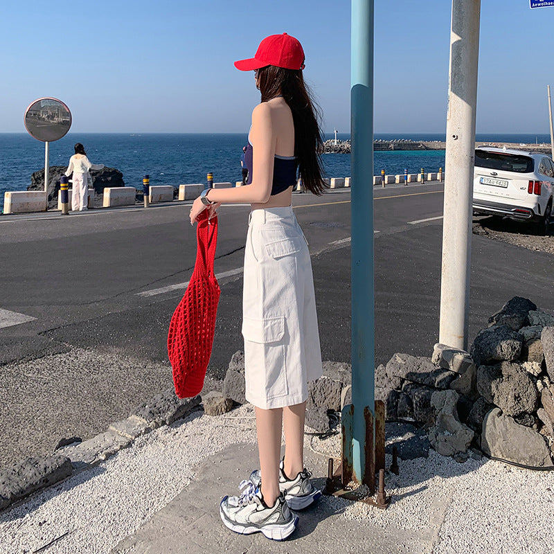 Fashion White High-waist Cropped Overalls For Women