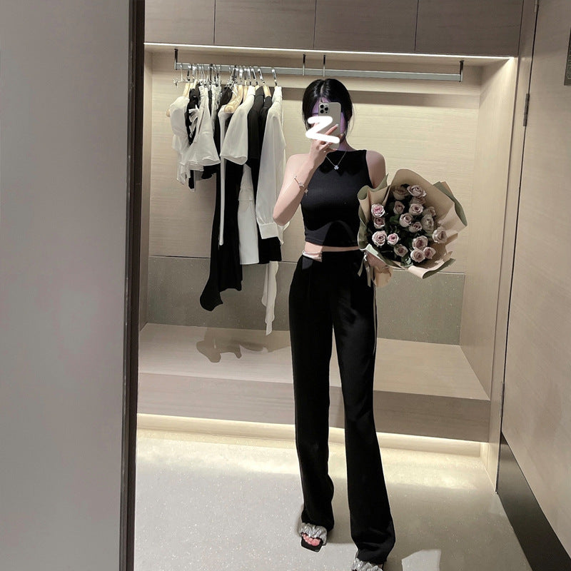 Women's High Waist Drape Rhinestone Waist Chain Wide Leg Pants