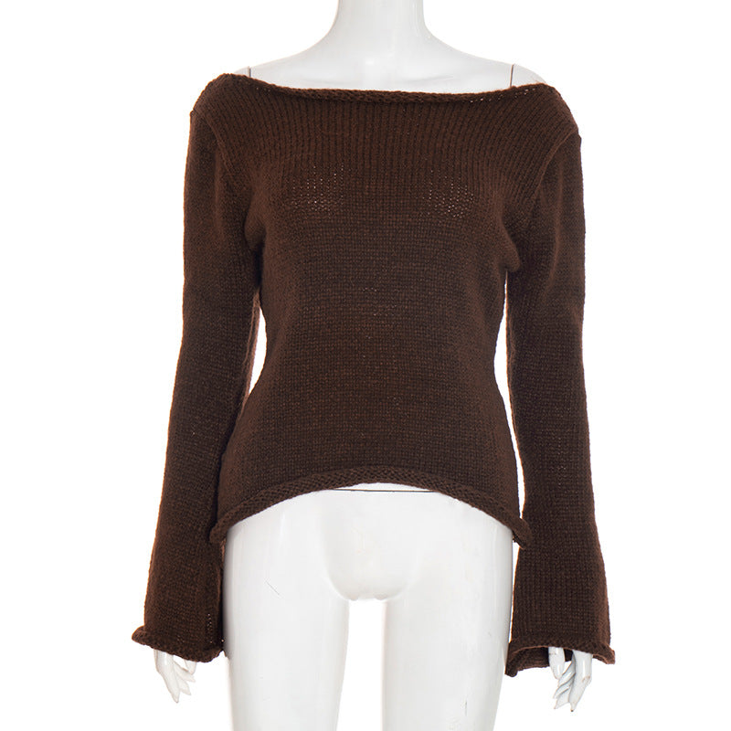 New Solid Color Slim-fit Bell Sleeve T-shirt With Boat Neck