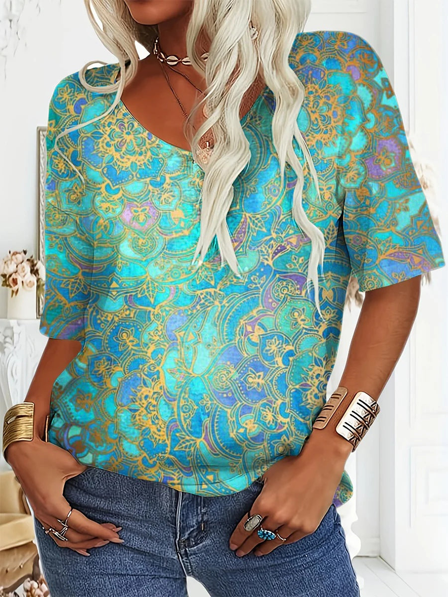 Floral 3d Printed Women's V-neck T-shirt Printed Round Neck Short Sleeve