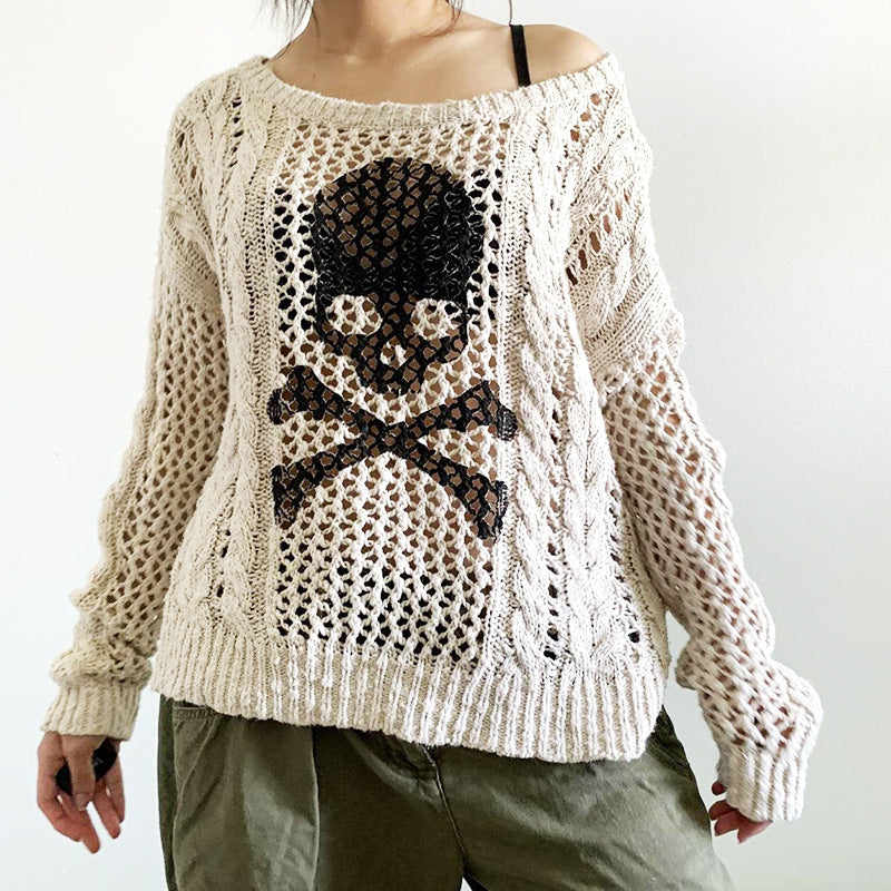 Street Hipster Solid Color Knitted Bottoming Shirt Hollow Twist Round Neck Sweater