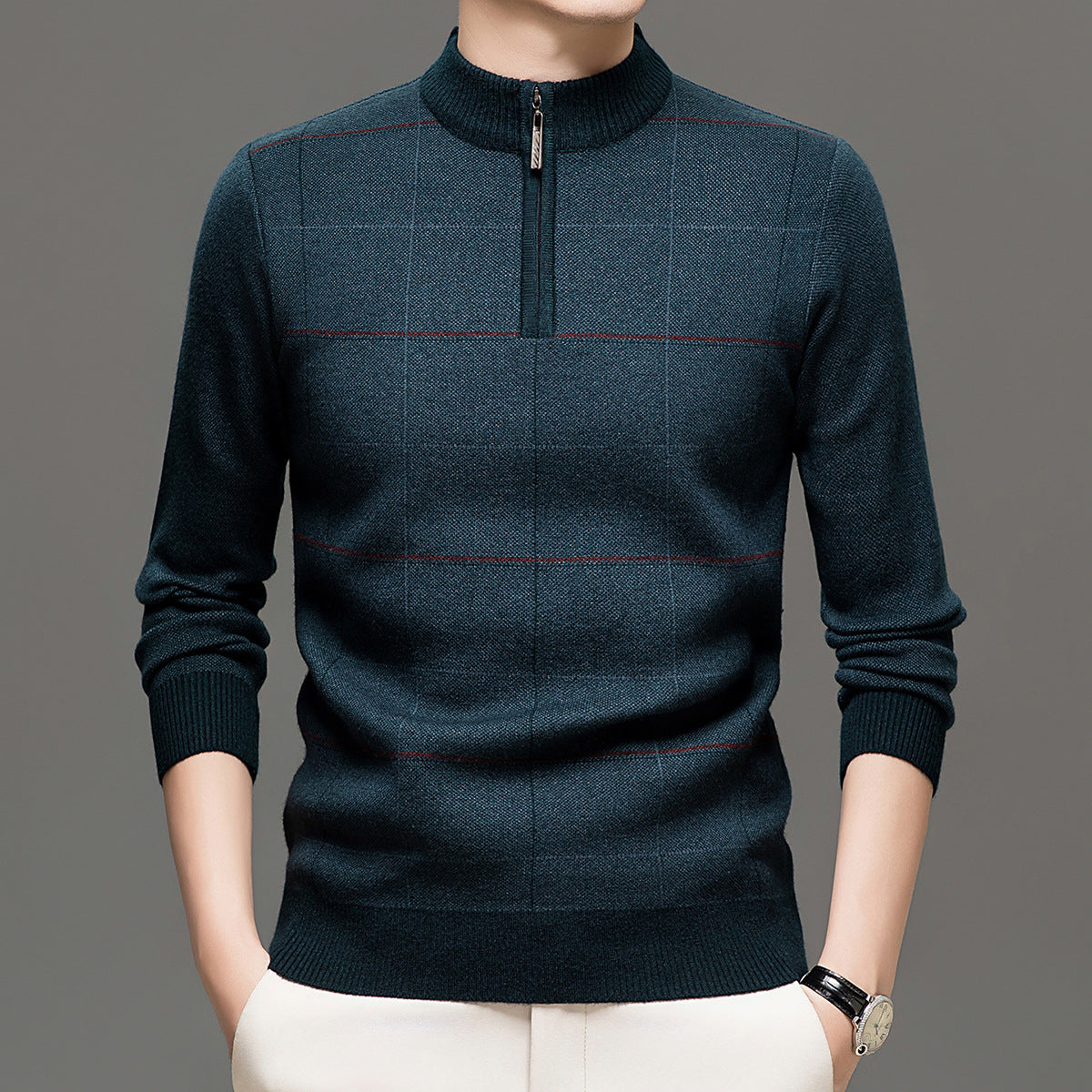 Mens Stylish Plaid Half-zip Knit Sweater