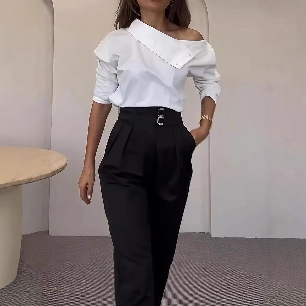 Womens High-neck Metal-buttoned Off-shoulder Blouse