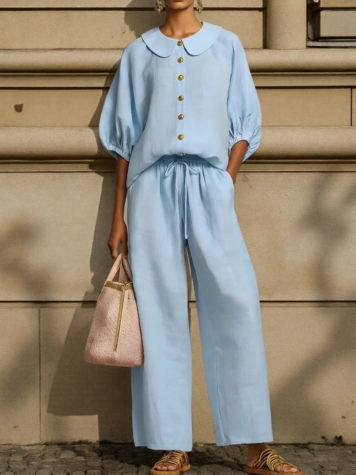Fashionable Collar Shirt And Wide-Leg Pants Linen Two-Piece Set