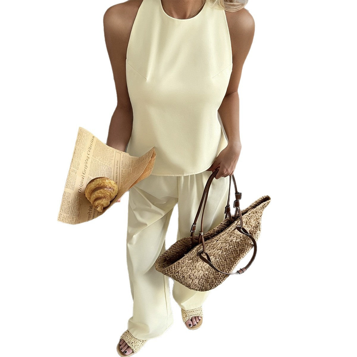 Spring Summer Halterneck Sleeveless Tank Top And Wide-Leg Pants Set